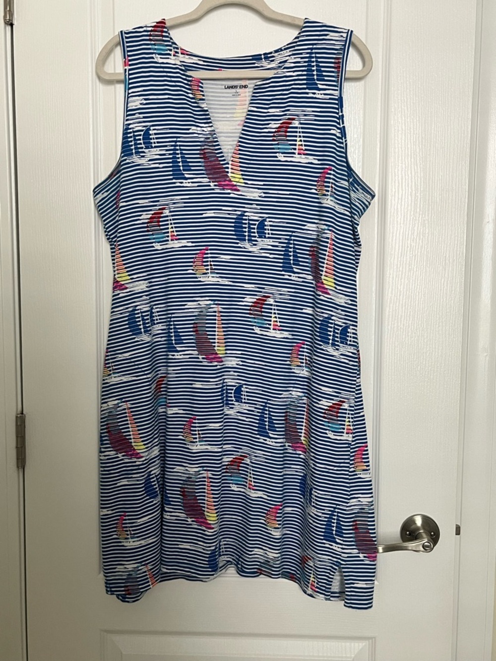 Lands' End Navy and White Striped Sailboat Print Sleeveless Dress